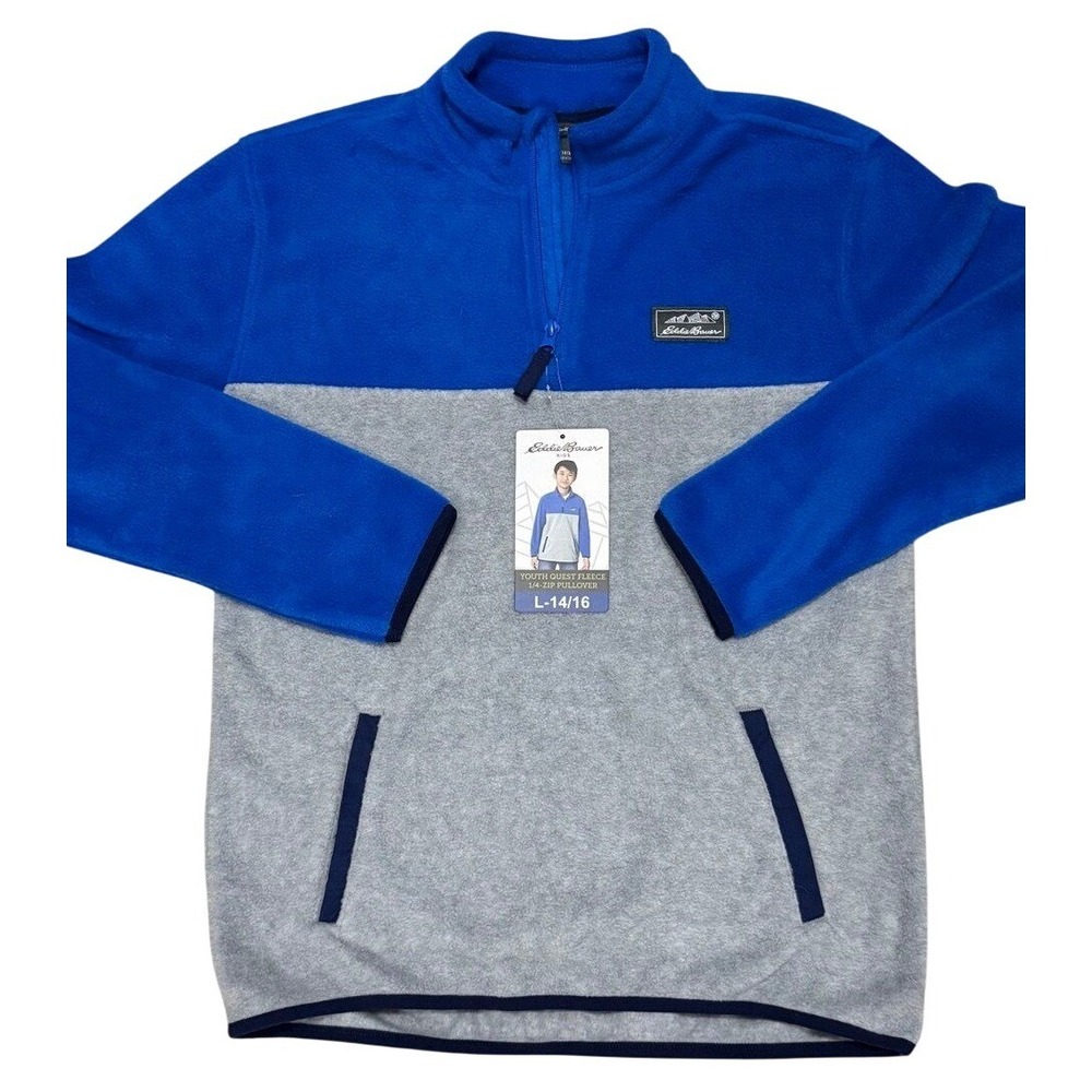 Eddie Bauer Quest Fleece Pullover Youth L 14/16 Blue Grey Colorblock 1/4 Zip